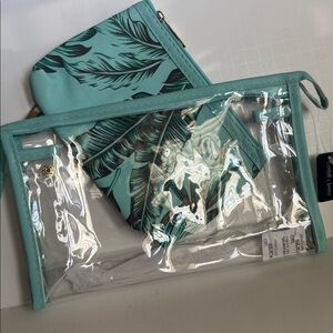 Aqua Tropical Print and clear, travel makeup and toiletry cases. NWT